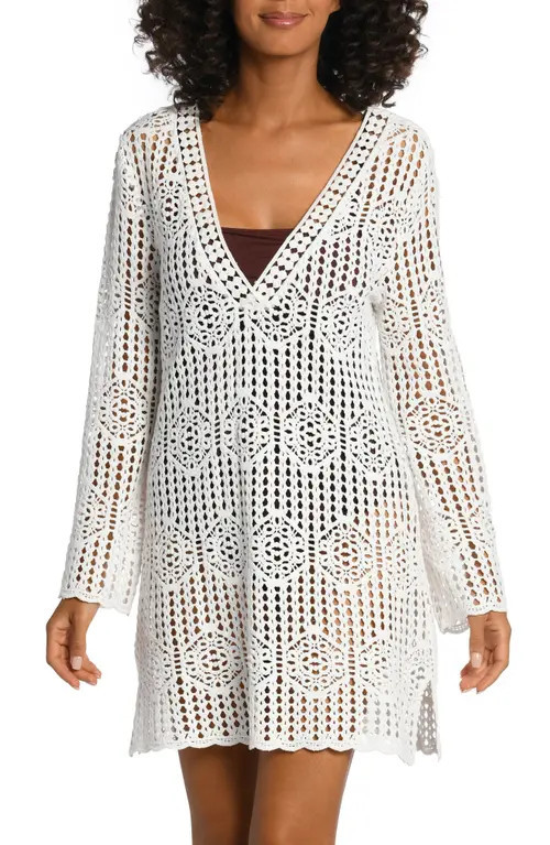 La Blanca Waverly Long Sleeve Cotton Cover-Up Dress in Ivory at Nordstrom, Size Large | Nordstrom