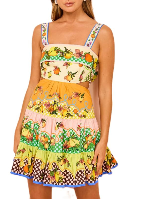 Women Boho Graffiti Cami Mini Dress Spaghetti Strap Printed A Line Short Dress Cute Colorful Sund... | Amazon (US)