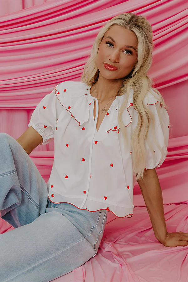 Candy Hearts Embroidered Top in White | Impressions Online Boutique