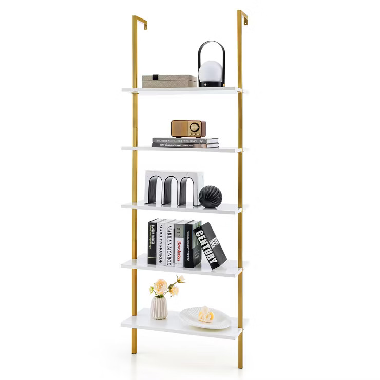 Tangkula 5 Tier Ladder Shelf 71" Open Wall-Mounted Bookcase with Golden Steel Frame | Target