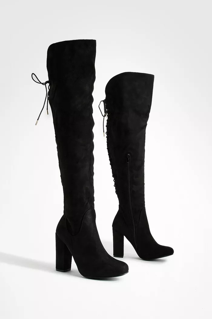 Lace Back Block Heel Over The Knee High Boots | boohoo (US & Canada)