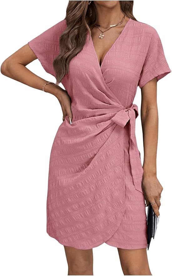 MakeMeChic Women's Elegant V Neck Short Sleeve Knot Dress Wrap Front Mini Short Dress | Amazon (US)