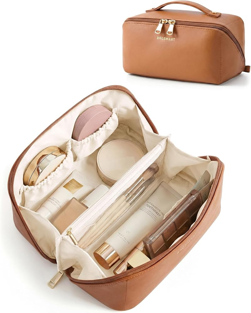 BAGSMART Makeup Bag Travel Cosmetic Bag, Large Make Up Bag Flat Open Toiletry Bag for Women, PU L... | Amazon (US)