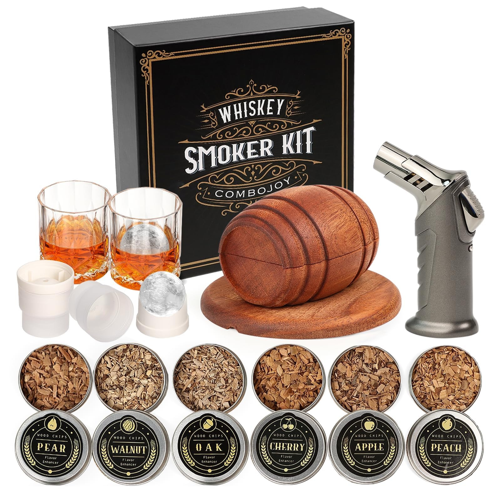 Whiskey Smoker Kit with Torch - 6 Flavors Wood Chips, 2 Glasses, 2 Ice Ball Molds - Cocktail Smok... | Amazon (US)