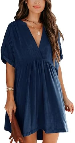 Minclouse Women's Babydoll Short Sleeve Tunic Dress V Neck Cute Casual Loose Dresses | Amazon (US)