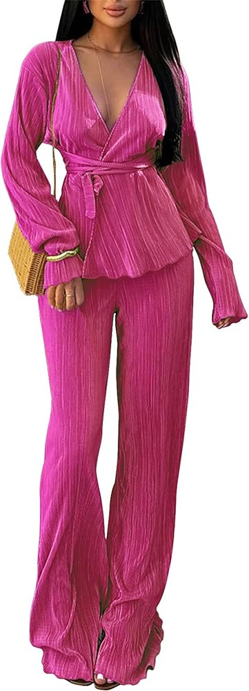 CALEBGAR Women's Fall 2 Piece Pleated Sets Long Sleeve Open Front Shirt with Belt Flare Wide Leg ... | Amazon (US)