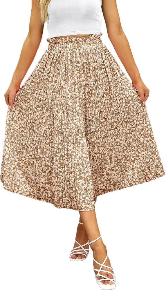Naggoo Women's Skirts High Elastic Waisted Casual Skirt Pleated Floral/Solid Midi Skirts with Poc... | Amazon (US)