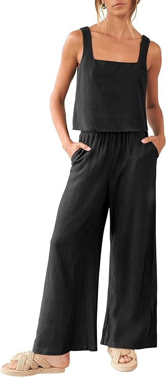 ANRABESS Women's 2 Piece Outfits Square Neck Linen Tank Crop Top Wide Leg Pants Matching Lounge S... | Amazon (US)