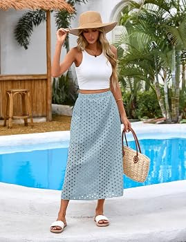 Ailoqing 2026 Summer Casual Long Skirt for Women Cotton Eyelet Beach Maxi Skirt with Underneath | Amazon (US)