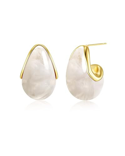 SNGIA Oval C Shape Chunky Dangle 18K Gold Plated Hoops with Colored Resin Gemstone Statement Earrings for Women by SNGIA, (Green, Brown, Blue, Pink, White, Cream), Long Bold Drop Handmade Exaggerated Irregular Trendy Bohemian Jewelry Gifts, Unique Dangling Teardrop Baroque Stone Summer Beach Fashion Earrings Accessories, Round Vintage Thick Circular Nickle Free Huggies Hoop Earrings. | Amazon (US)