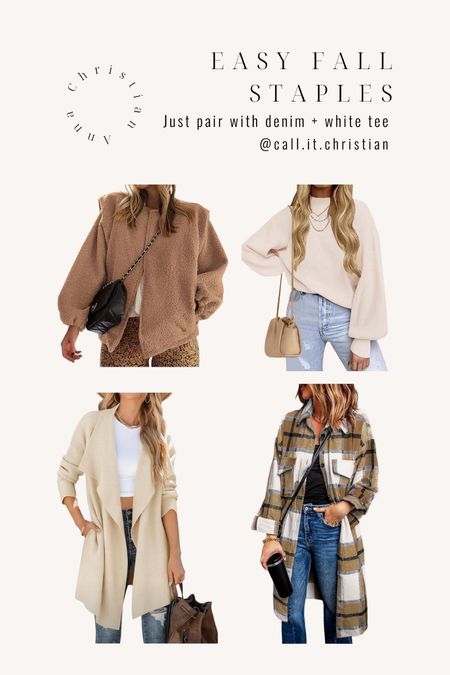 Womens Fall Staples.

You could wear these seperate or mixed, or any of them with a white tee and denim.

Shacket, sweater, fall womens, simple womens outfits, mom style, neutral style