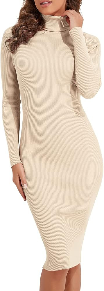 PrettyGuide Women's Turtleneck Sweater Dress Long Sleeve Ribbed Knit Stretch Midi Bodycon Dresses | Amazon (US)