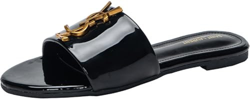 Kngiabnm Women's Slip On Flat Sandals Summer Comfortable Open Toe Leather Sandals 37 Black | Amazon (US)