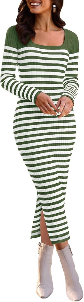 MEROKEETY Women's Fall Long Sleeve Striped Sweater Dress Bodycon Square Neck Ribbed Knit Slit Mid... | Amazon (US)
