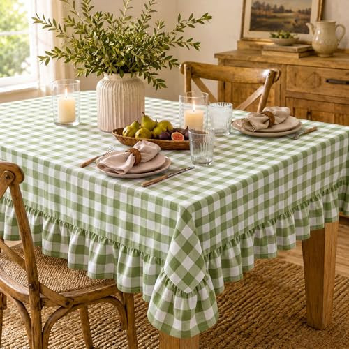 Mindsoft Green Gingham Ruffled Tablecloth Cotton Linen Checkered Table Cloth Buffalo Plaid Farmhouse Vintage Decorative Tablecover for Picnic Dining Home Party (52 x 70 Inches,Rectangle Plaid) | Amazon (US)
