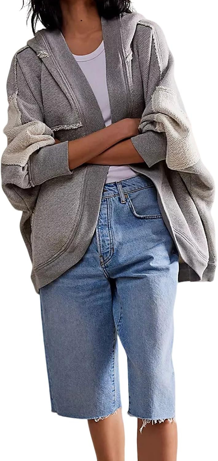 loveimgs Women Y2k Retro Open Front Hoodie Cardigan Sweatshirt Boyfriend Long Sleeve Hooded Patchwork Jackets Fall Outfit | Amazon (US)