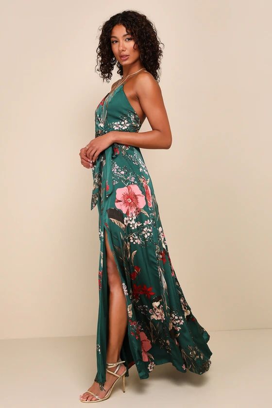 Still the One Emerald Green Floral Print Satin Maxi Dress | Lulus