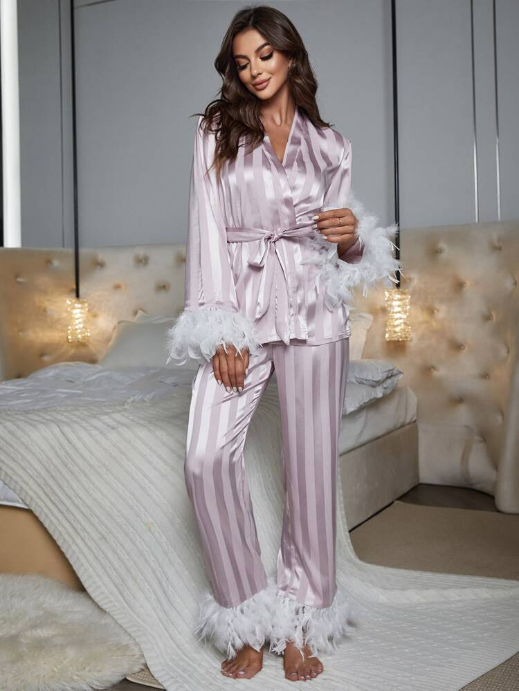 Striped Jacquard Fuzzy Trim Belted PJ Set
       
              
              $20.99        
   ... | SHEIN