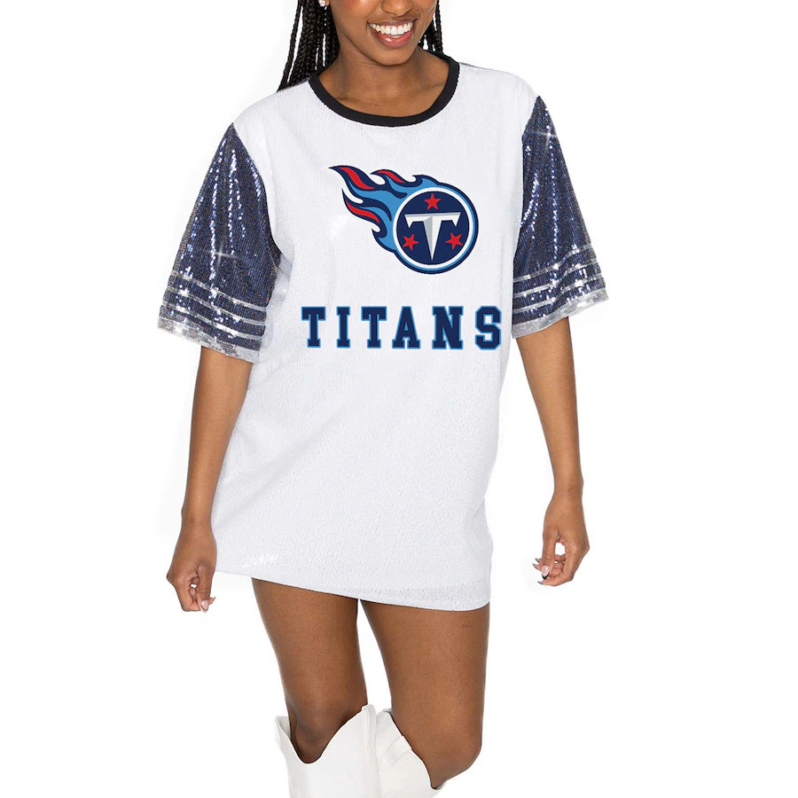Tennessee Titans Gameday Couture Women's Bling It Full Sequin Jersey Dress - White/Navy | Fanatics