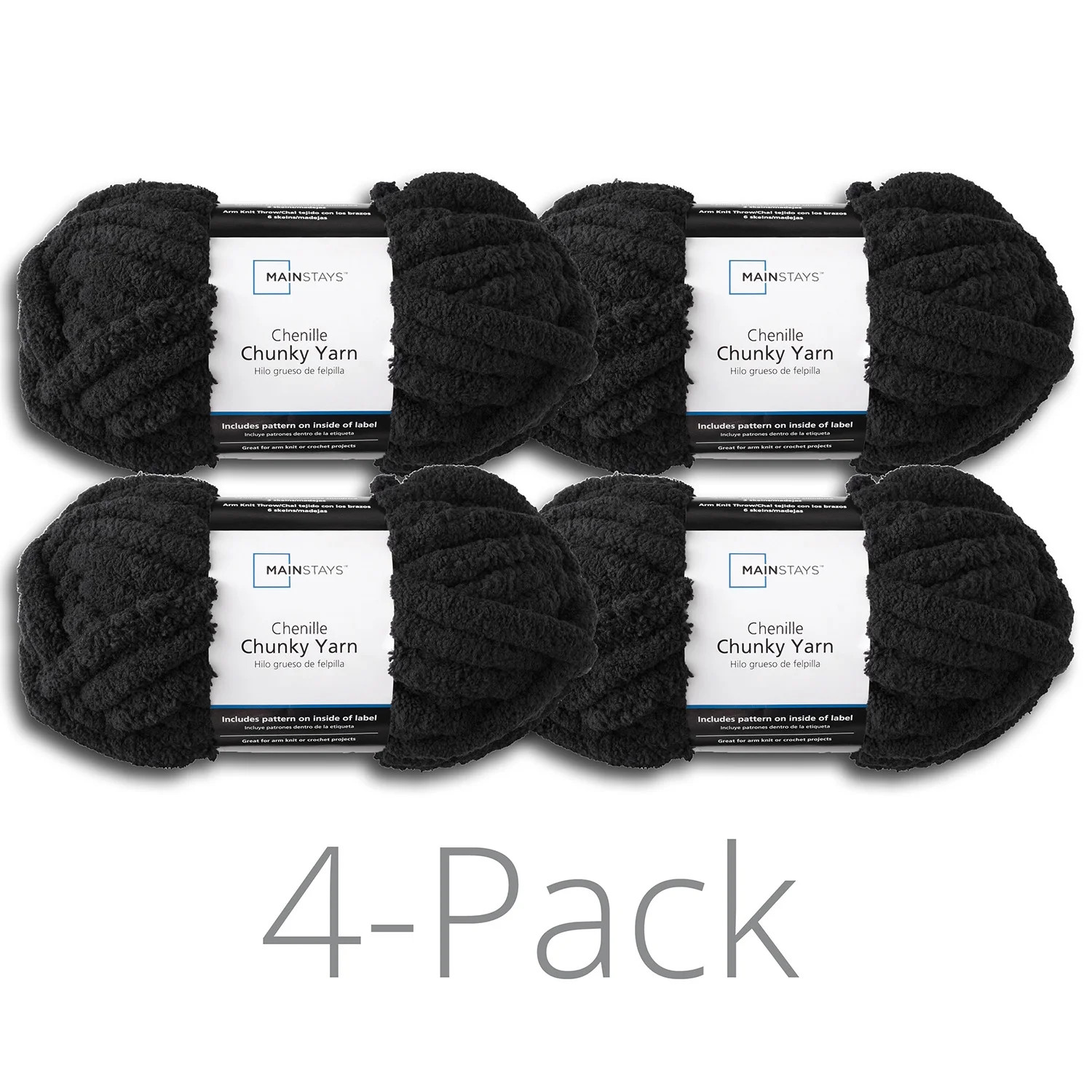 Mainstays Chunky Chenille Yarn, 31.7 yd, Rich Black, 100% Polyester, Super Bulky, Pack of 4 | Walmart (US)