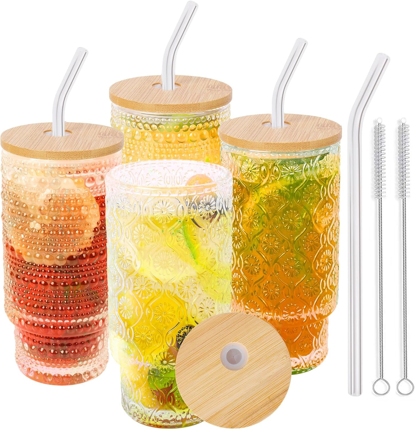 BELICOO 4 Pack 320ml Drinking Glasses with Glass Straws, Vintage Embossed Iced Coffee Cups, Drink... | Amazon (UK)