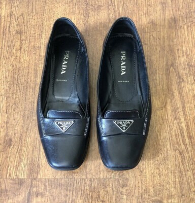 PRADA Black Leather Triangle Logo Flats Loafers-Sz 6-7 US-RARE-SEE DETAILS  | eBay | eBay US