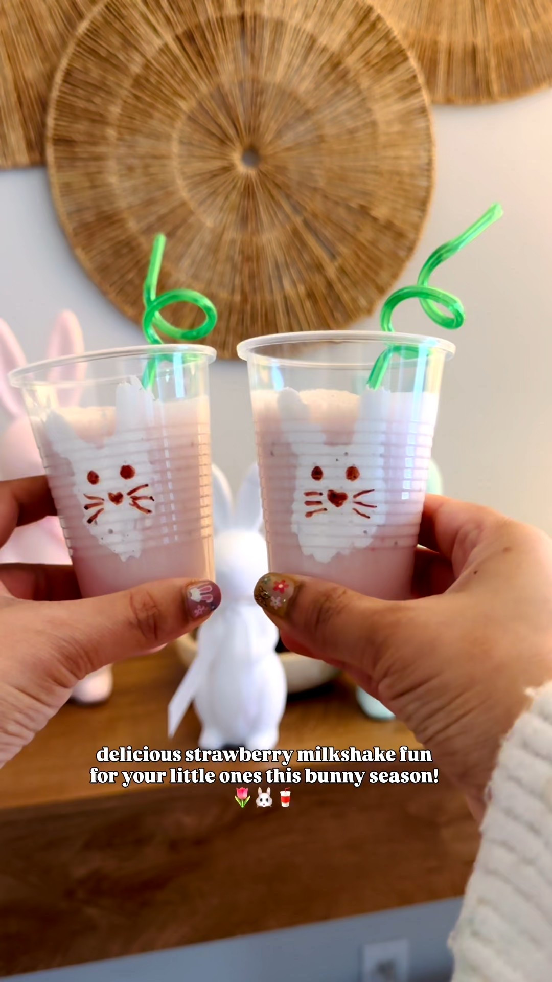 🌷🐰 Hop into Bunny Season with this super easy Strawberry Milkshake recipe that your little ones will love! 🥤✨ All you need is:

Ingredients:
- 1 cup fresh strawberries 🍓
- 1 cup milk 🥛
- 2 tablespoons sugar (adjust to taste) 🍬
- 2 tablespoons marshmallow fluff ☁️
- Plastic cups and a Sharpie for fun decorations! 🎨

Instructions:
1. Blend the strawberries, milk, sugar, and marshmallow fluff until smooth.
2. Pour the mixture into plastic cups and use a Sharpie to draw cute bunny faces! 🐇
3. Serve with a fun straw and enjoy!

Let’s celebrate Easter with a deliciously sweet treat that’s as fun to make as it is to drink! 🐣💖 #BunnySeason #StrawberryMilkshake #EasterFun #Easter #EasterDecor

#LTKHome #LTKmomlife #LTKMens