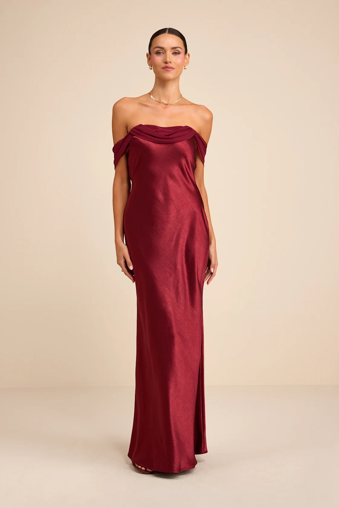 Alaida Wine Red Satin Off-the-Shoulder Maxi Dress | Lulus