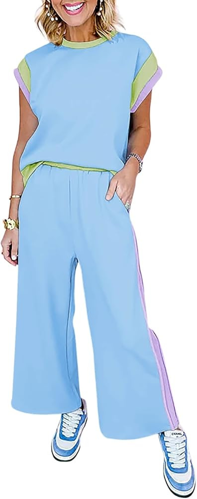 UONBOX Two Piece Sets for Women Summer Tracksuit Colorblock Detail Top and Wide Leg Pants Set Bea... | Amazon (US)