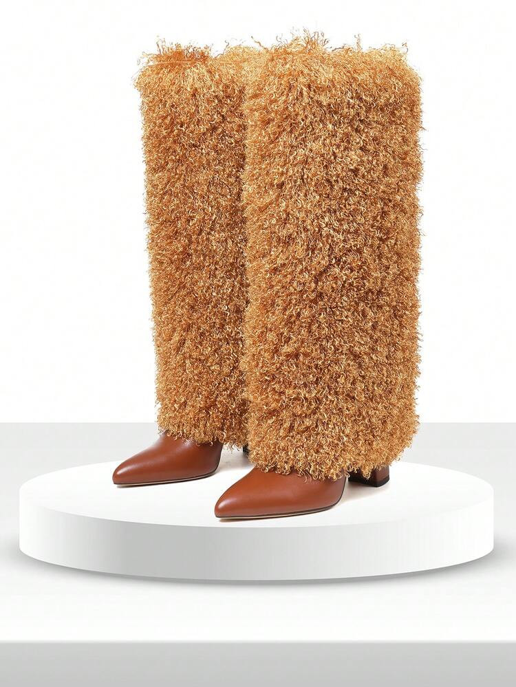 Womens New Knee High Snow Boots Pointed Toe Chunky Heel Long Faux Fur Y2K Style Warm Winter Boot ... | SHEIN