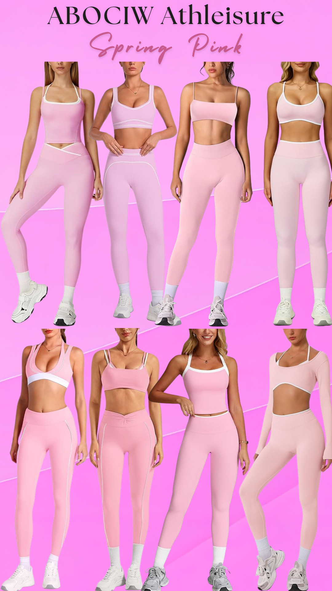 Spring Pink Athleisure by ABOCIW 🩷 

Spring gym outfits but make them cute. These pink athleisure sets from ABOCIW on Amazon are such a fun way to refresh your workout wardrobe without spending a fortune on designer activewear. 

The soft pink color feels feminine, flattering, and perfect for spring fitness outfits.

These sets are designed with smoothing, sculpting fabric that hugs your body while still staying breathable and comfortable for workouts. The high waisted leggings help everything feel secure so you’re not constantly pulling them up during workouts, and the sports bras give supportive coverage while still looking stylish.

If you’re tired of workout sets that lose compression, feel thin, or just don’t flatter your shape, these Amazon activewear pieces are surprisingly supportive and comfortable while still being an affordable gym outfit find.

Matching sets also make getting dressed for the gym so much easier. Throw one on and you instantly have a polished athleisure outfit that works for workouts, errands, or travel days.

Pieces in this set lineup:
• High Waisted Sculpting Leggings
• Seamless Compression Workout Leggings
• Supportive Sports Bra
• Strappy Sports Bra Top
• Long Sleeve Cropped Workout Top
• Twist Front Sports Bra
• Cross Waist Leggings
• Matching Gym Set Activewear

Perfect for:
• Gym workouts
• Pilates classes
• Yoga sessions
• Walking workouts
• Hot girl walks
• Athleisure errands
• Travel outfits
• Everyday activewear

Everything is linked! 

 

#LTKActive #LTKSaleAlert #LTKTravel