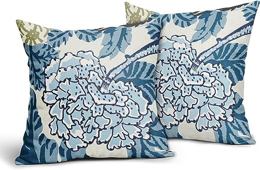 Sweetshow Navy Blue Floral Pillow Covers 18x18 Inch Blue & White Leaf Throw Pillowcase Linen Squa... | Amazon (US)