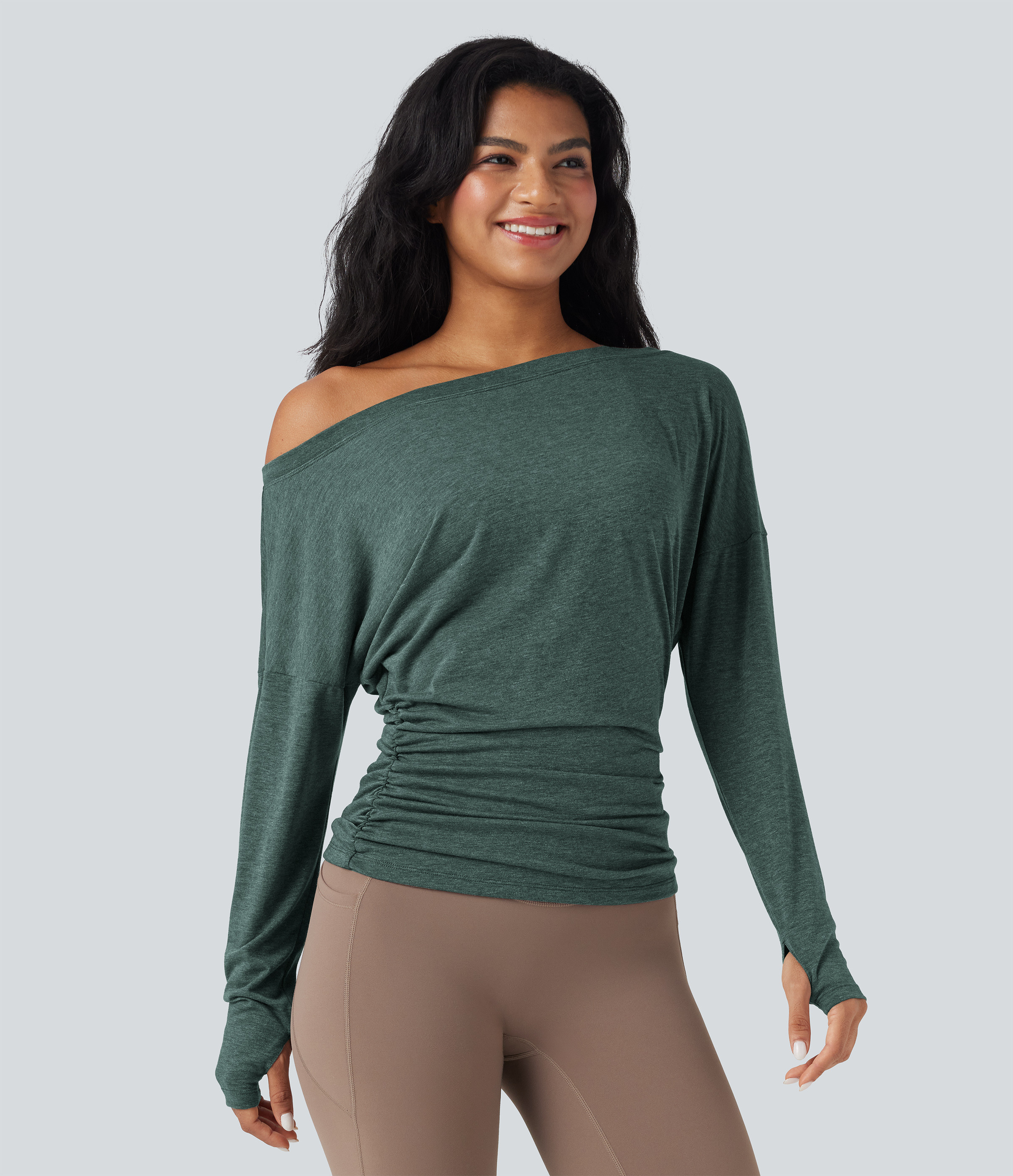 Halara One Shoulder Long Sleeve Thumb Hole Ruched Yoga Sports Top - Stone Green Floral Yarn - XS | HALARA