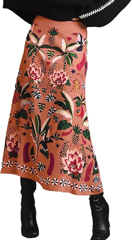 Csvinkiko Womens Midi Skirt Tropical Floral Print Plant Fun Elastic Waist Spring Summer Flowy A L... | Amazon (US)