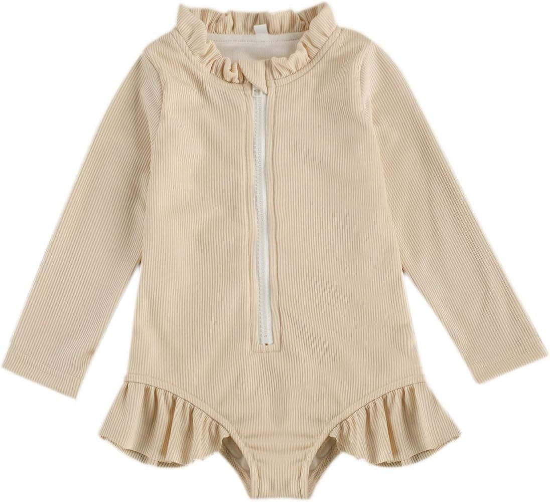 Fepege Baby Girl Long Sleeve Swimsuit Solid Color Ruffle Zipper One Piece Romper Swimwear Bathing Su | Amazon (US)