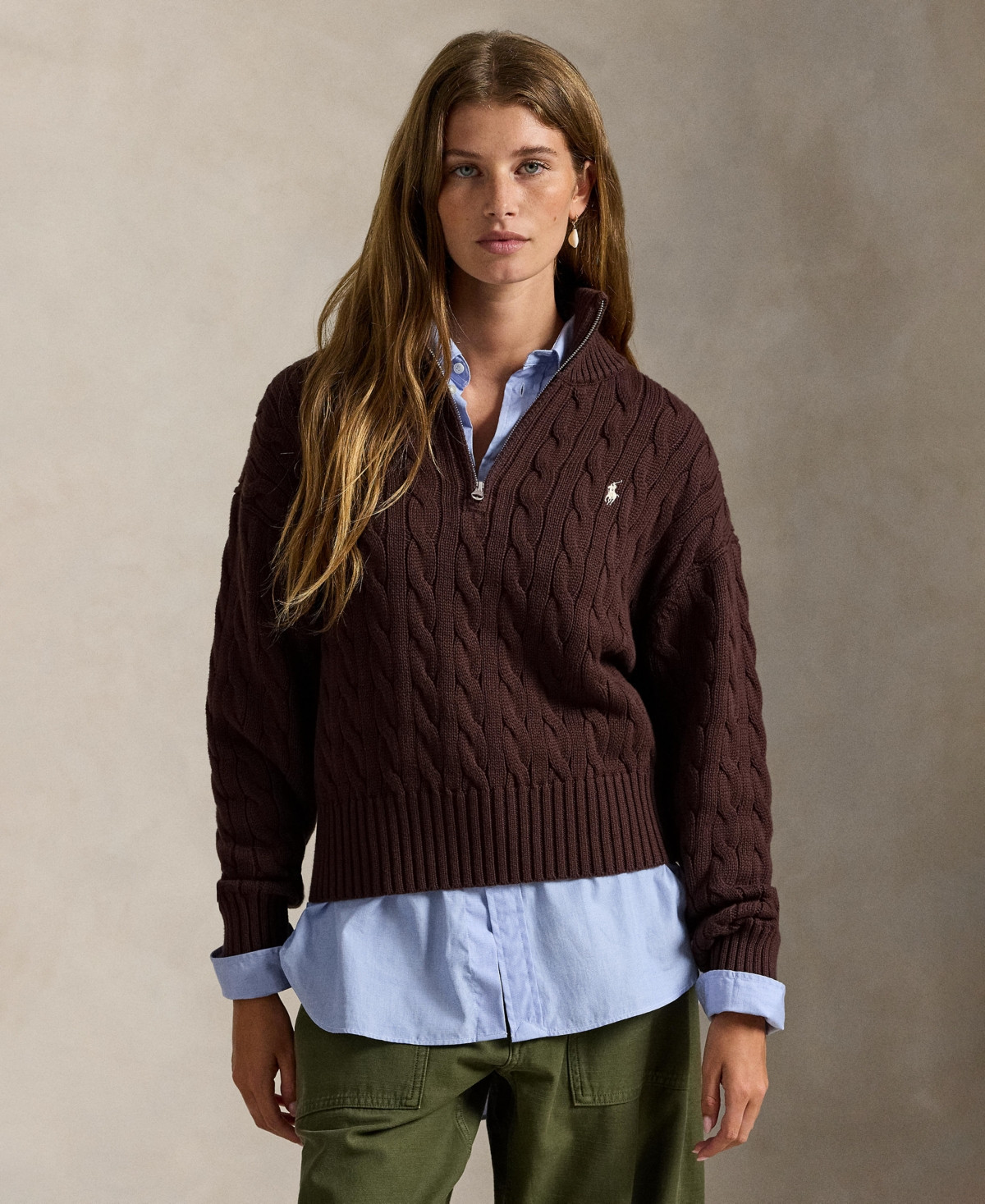 Polo Ralph Lauren Women's Cable-Knit Cotton Quarter-Zip Sweater - Brown | Macy's