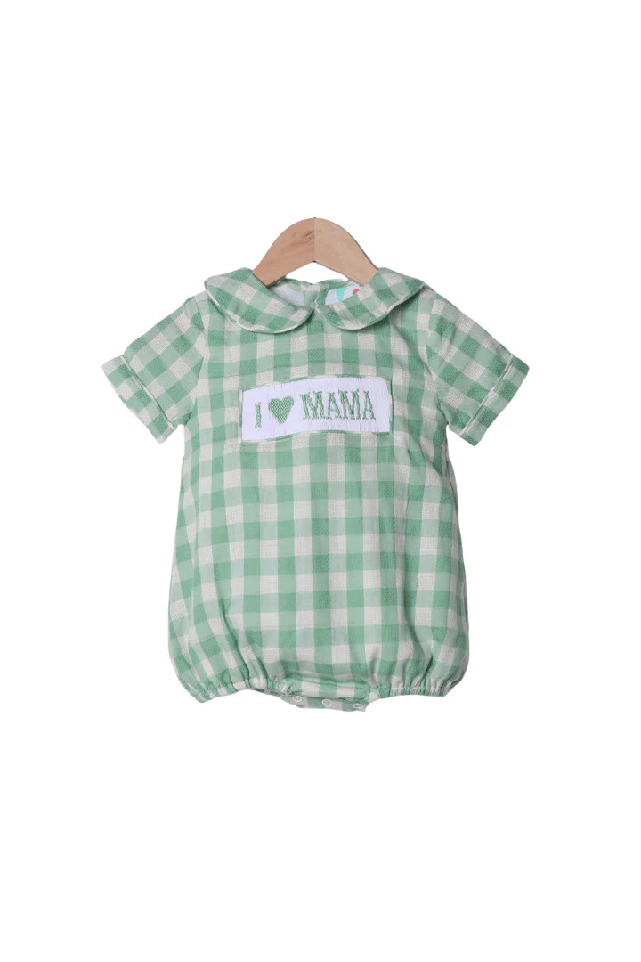 Smocked I Love Mama Green Gingham Linen Bubble | The Smocked Flamingo