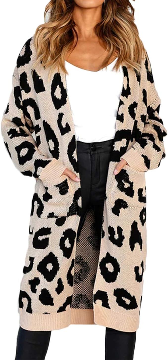 FAFOFA Women Leopard Print Long Sleeve Knit Cardigan Open Front Sweater Outwear Coat with Pocket | Amazon (US)