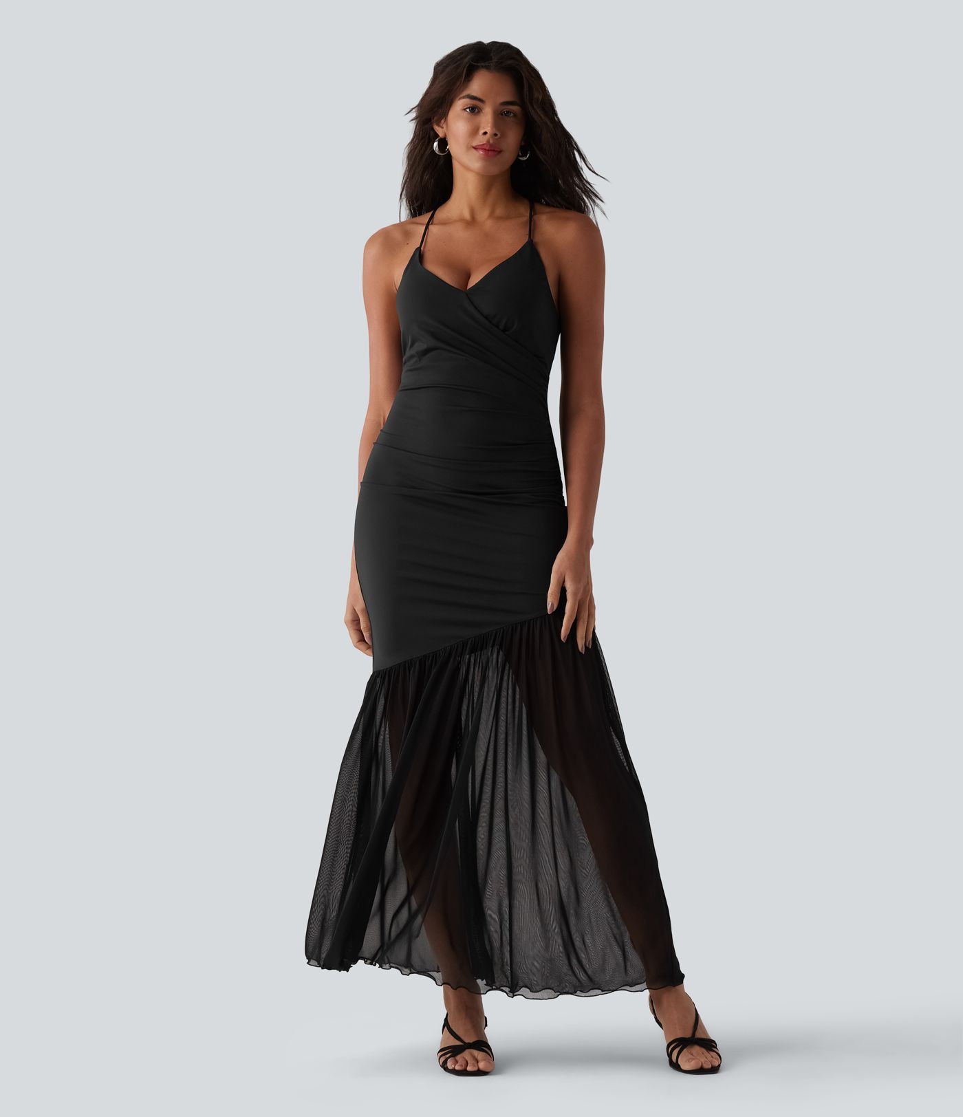 Women’s Sweetheart Neck Lace Up Contrast Mesh Flowy Maxi Slip Dress - Halara | HALARA