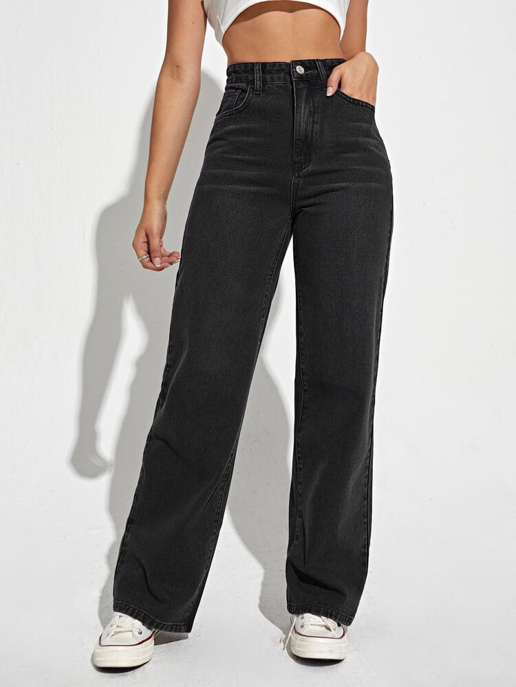 Jeans mit geradem Beinschnitt, hoher Taille, schrägen Taschen | SHEIN
