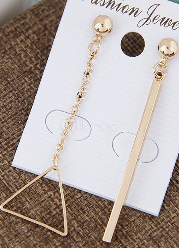 Gold Dangle Earrings Pierced Vertical Bar And Triangle Pendant Asymmetrical Earrings | Milanoo