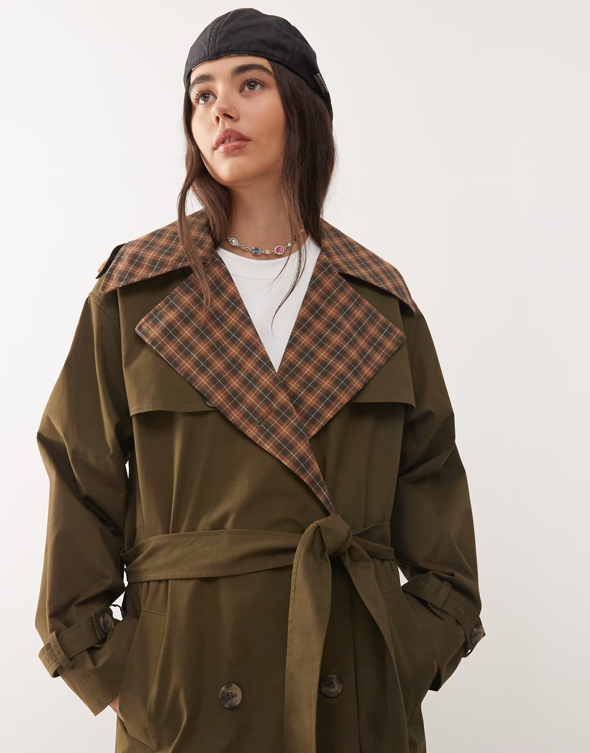 Reclaimed Vintage check lined trench coat with belt in khaki | ASOS (Global)