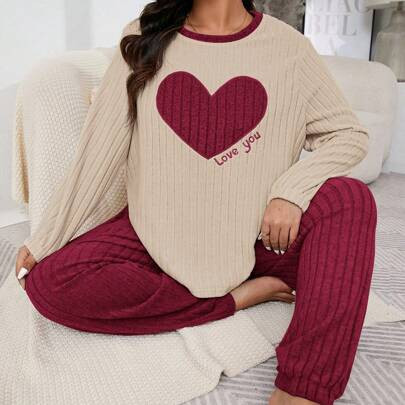 Plus Size Pajama Set With Knit Waffle Texture, Heart-Shape Embroidery, Round Neck, Long Sleeve Top And Long Pants For Valentine's Day | SHEIN