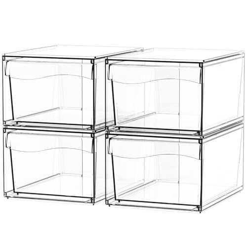 Cq acrylic 4 Pack Stackable Storage Bins,Clear Organizing Containers,Acrylic Pull Out Drawers and Organizing Bins for Medicine Organizer,Bathroom Organization and Plastic Stackable Drawer for Makeup | Amazon (US)