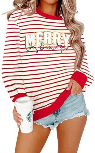 Christmas Sweatshirt for Women Merry Sweater Embroidered Striped Crewneck Sweatshirts Holiday Lon... | Amazon (US)
