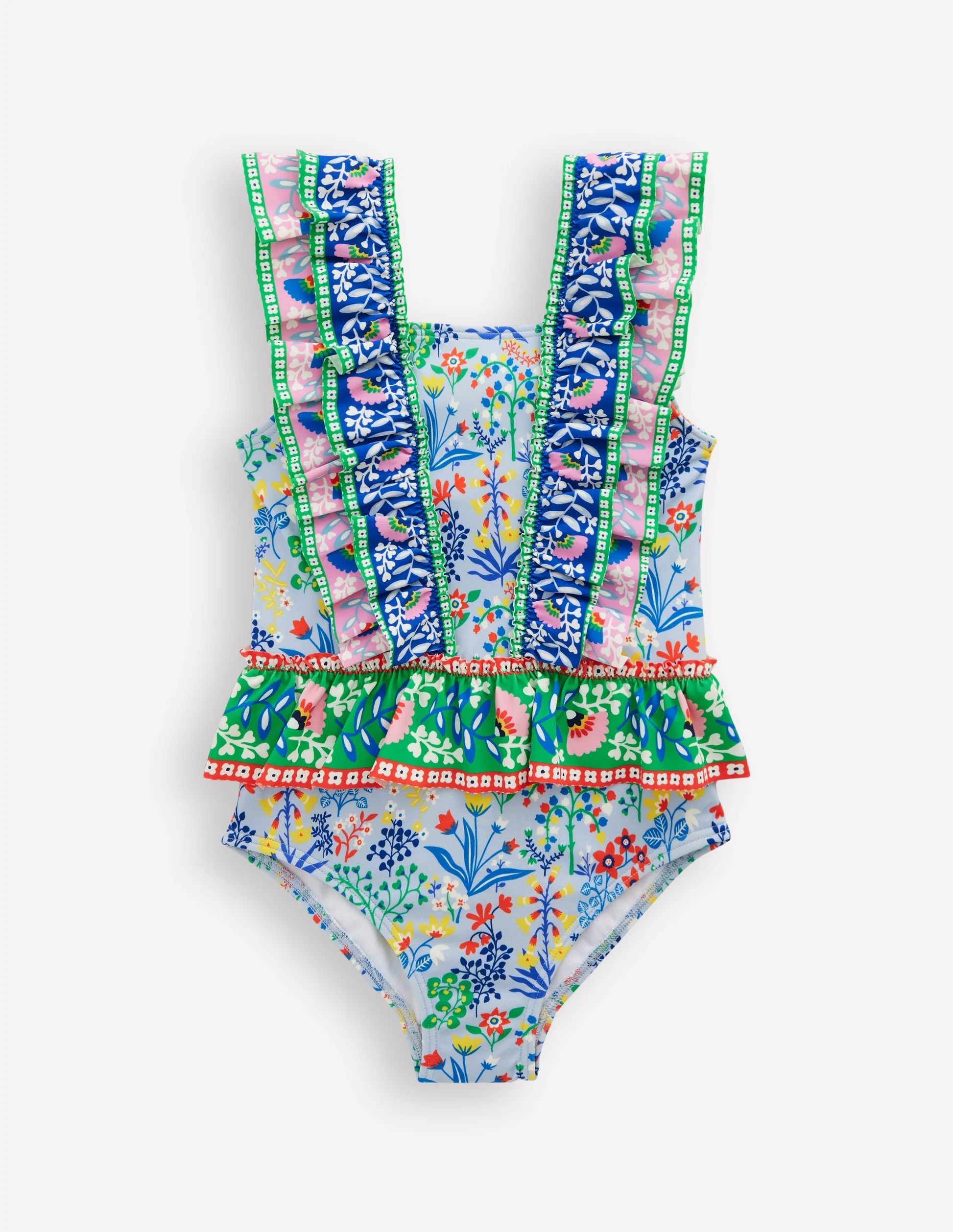Frill Peplum Swimsuit-Misty Blue Garden Floral | Boden (US)