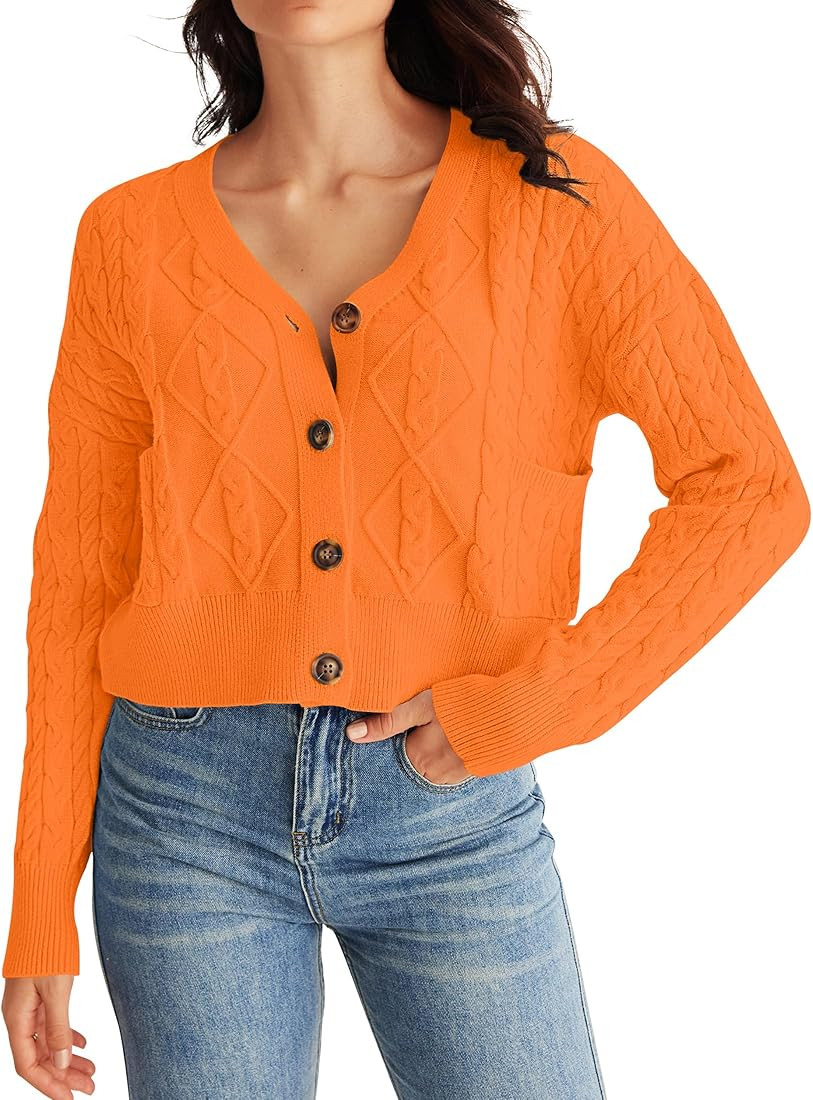 MEROKEETY Women's Long Sleeve Open Front Cable Knit Crop Cardigans V Neck Button Sweaters with Po... | Amazon (US)