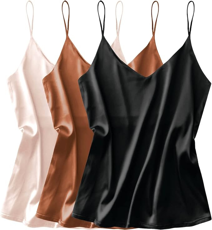 Ekouaer 3 Pack: Womens Silk Satin Tank Top V Neck Camisole Cami Spaghetti Strap Top Loose Sleevel... | Amazon (US)