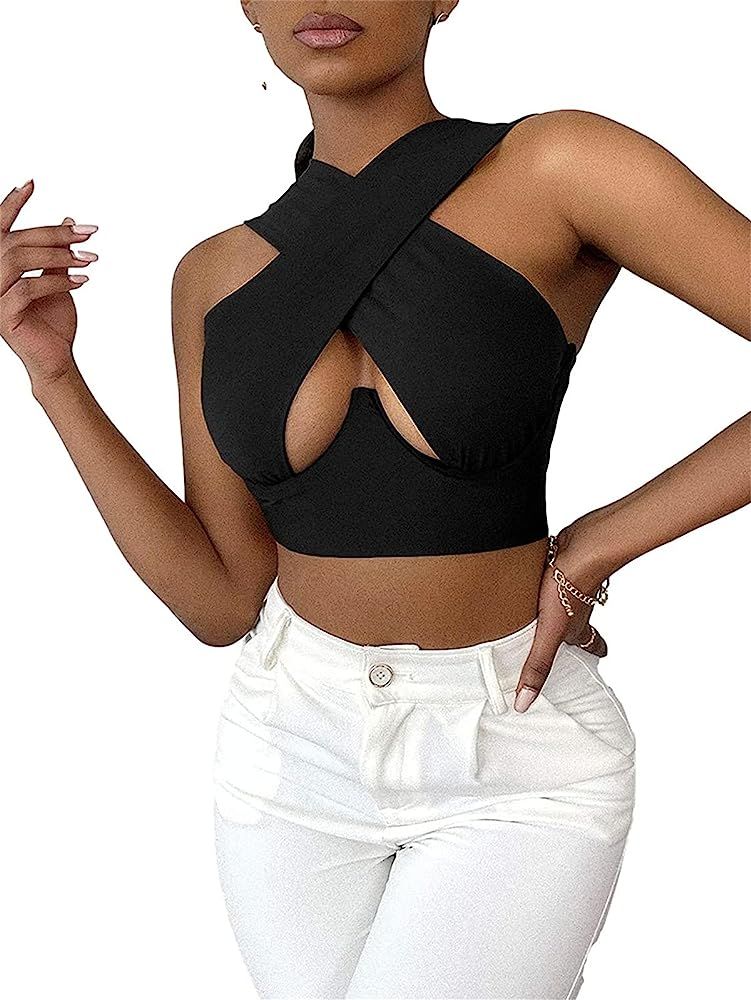 Women Sexy Halter Crisscross Tank Crop Top Sleeveless Basic Solid Color Cut Out Cami Vest Summer Cam | Amazon (US)