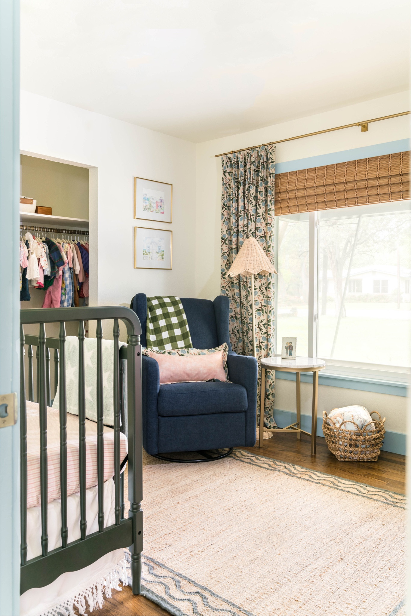 Baby girls blue, green, and pink nursery is finally finished! The floor lamp has a set of matching table lamps that I linked. You can find the floor lamp at Sierra trading post (Sierra.com) it’s the Lillian august scalloped floor lamp!
Drapes and pillow covers sewn by me but fabric is linked! 

#LTKhome #LTKbump #LTKbaby